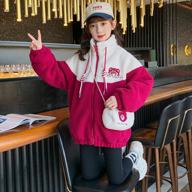 Girls Lamb Suede Coat Fall Winter 2023 new Yang Han Edition children fashionable winter plus thicker sweater