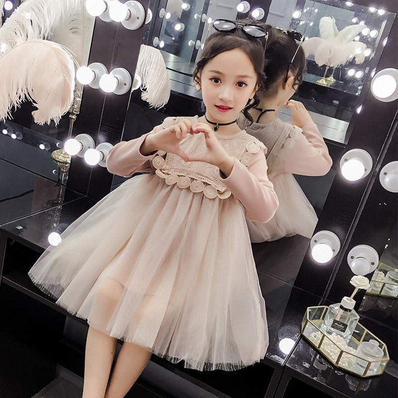 Girls' spring dress 2021 New Korean version of Super foreign pie mesh dress little girl lace spring and autumn princess dress tide