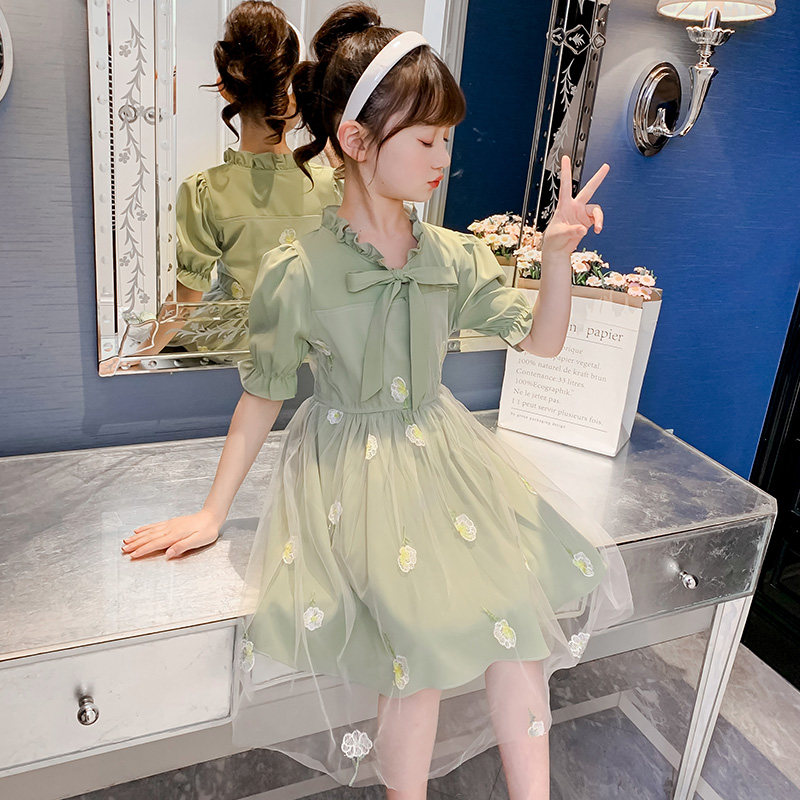 Girls Dress Summer 2023 New Summer Children's Net Red Girl Yellow Small Sleeve Yard Princess Dress