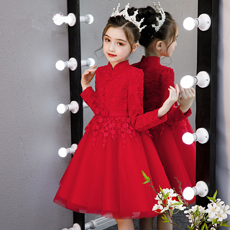 Girl's dress 2022 new spring and autumn Korean version of children CUHK child red little girl gown princess dress