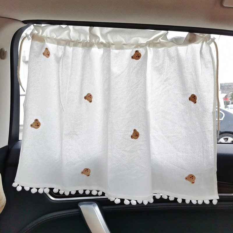Korean in wind embroidered baby bear hair ball lace children car curtain shade shade curtain sun protection curtain