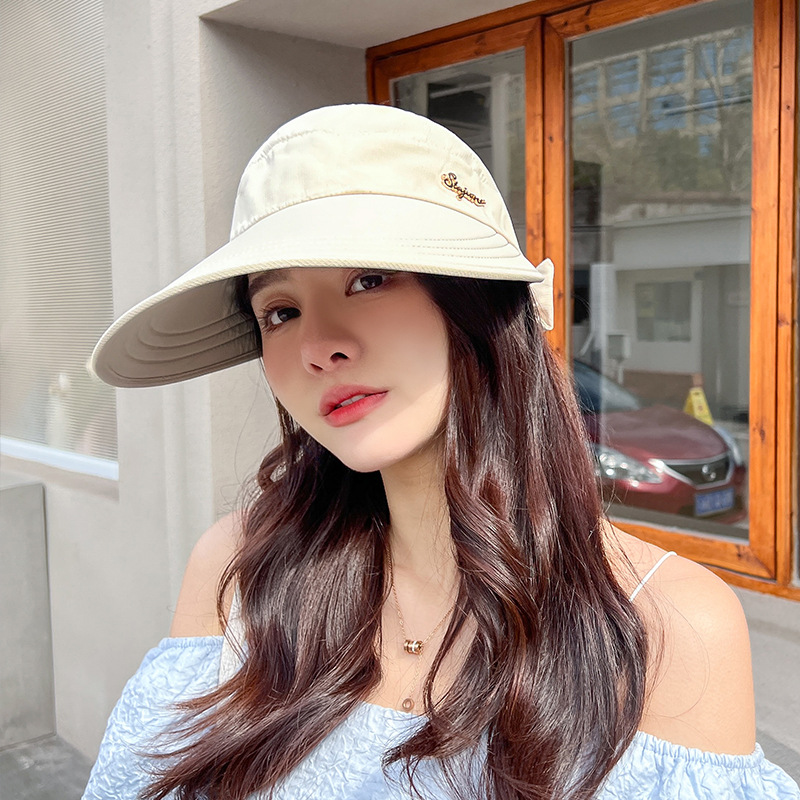 Large head circumference sun hat female summer full face sunscreen anti-UV large brim empty top bow travel sun hat