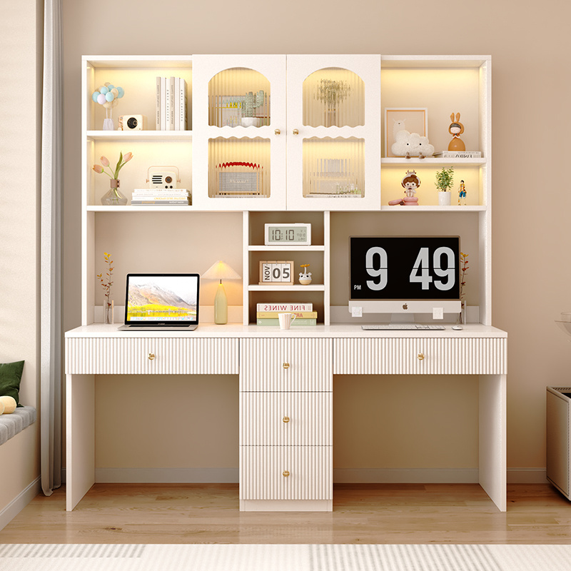 Solid Wood Double Desk with Bookshelf Integrated Table, Light Luxury Computer Desk, Desktop Bedroom Writing Desk, Simple Student Study Desk