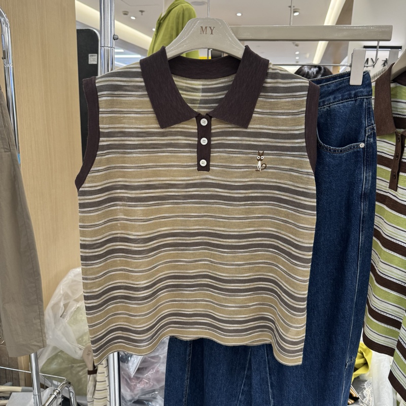 Animal Embroidery Color-Blocking Summer New Style Polo Striped Short-Sleeve Knit Shirt, Stylish and Versatile Ice Silk Sweater with a Turn-Down Collar