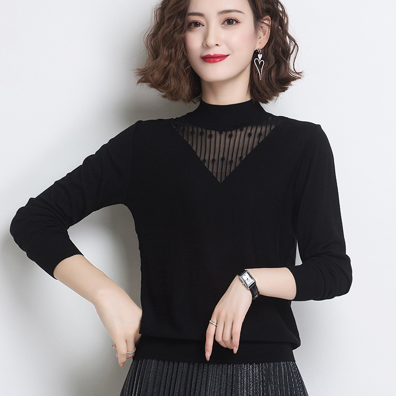 Spring and Autumn Knitted Base Shirt for Women, Short Style, Autumn and Winter Wear, Thin Pullover for Mothers, Stylish Large Size Inner Layer with Mesh Sweater