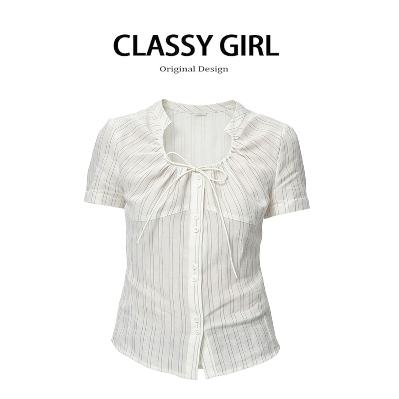 Korean-Style White Striped Drawstring Arc Neckline Three-Dimensional Waist-Cinching Short-Sleeved Shirt, a Chic and Stunning Top for Summer