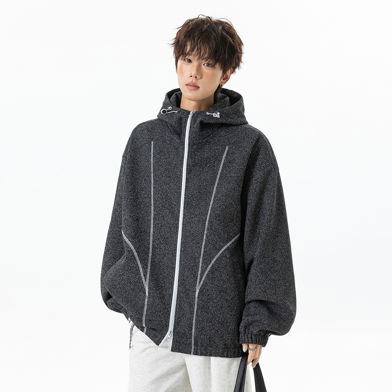 Wolf Jees Casual Style Hooded Zipper Jacket Men's Loose and Versatile Trendy Men's Knitted Black Jacket
