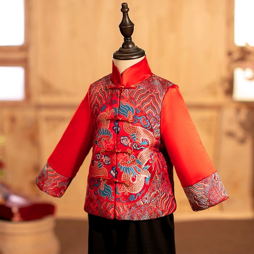 Детское демисезонное ханьфу для мальчиков, красное платье, праздничнный комплект, осенний сезон, увеличенная толщина