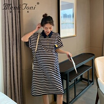 Men & Joni montomi maternity summer POLO collar striped T-shirt dress long casual age reduction