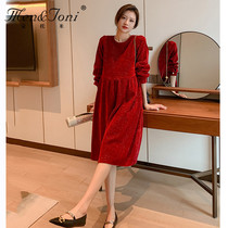 Men & Joni Montomi pregnant womens New Year red dress temperament bright silk high-end tide hot mom autumn and winter clothes