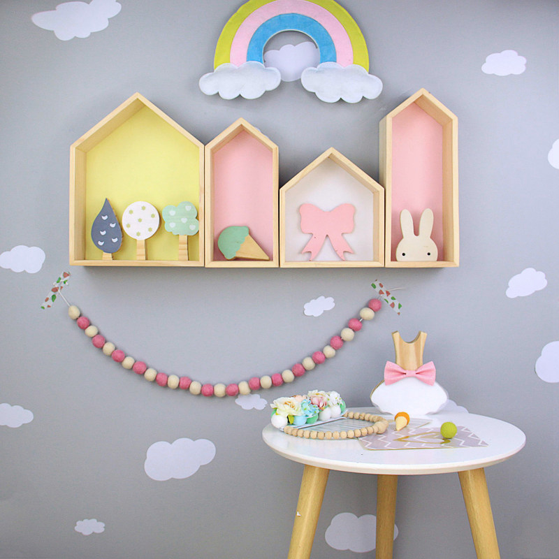 Nordic style new children's room shelf small house wall decoration rack living room solid wood wall hanging free hole