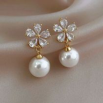 Korean Delicate Crystal Zircon Flower Pearl Stud Earrings