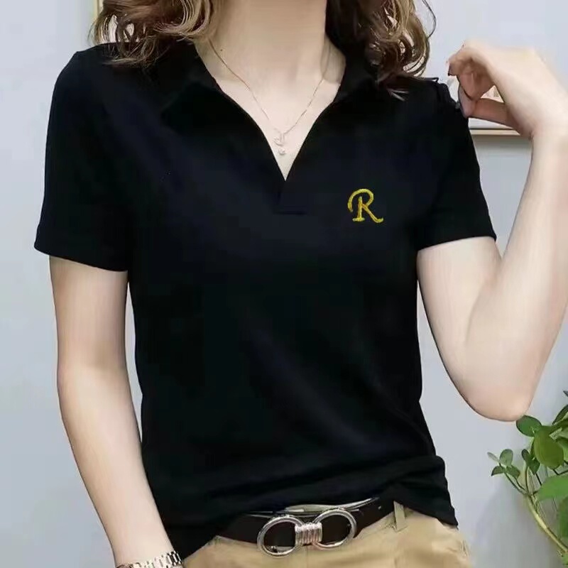 Stretchy Pure Cotton Short-Sleeve T-Shirt for Women, 2026 Summer New Style, V-Neck, Slim Fit, Versatile Polo Shirt with a Turn-Down Collar, Mom's Top