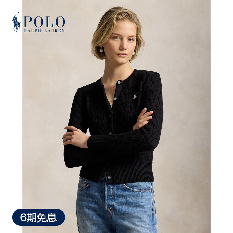 Ralph Lauren/Ralph Lauren Women's Classic Cable Knit Slim Fit Cotton Crew Neck Cardigan