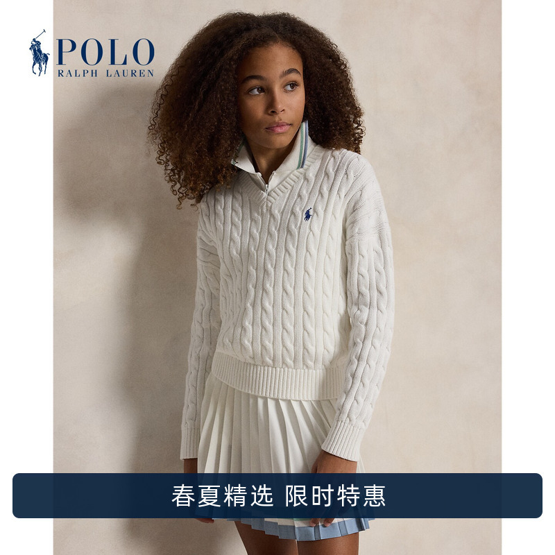 Ralph Lauren/Ralph Lauren Girls' Spring 2026 Cable Knit Cotton V-Neck Sweater Rl44140 Ralph Lauren/Ralph Lauren Girls' Spring 2026 Cable Knit Cotton V-Neck Sweater Rl44140