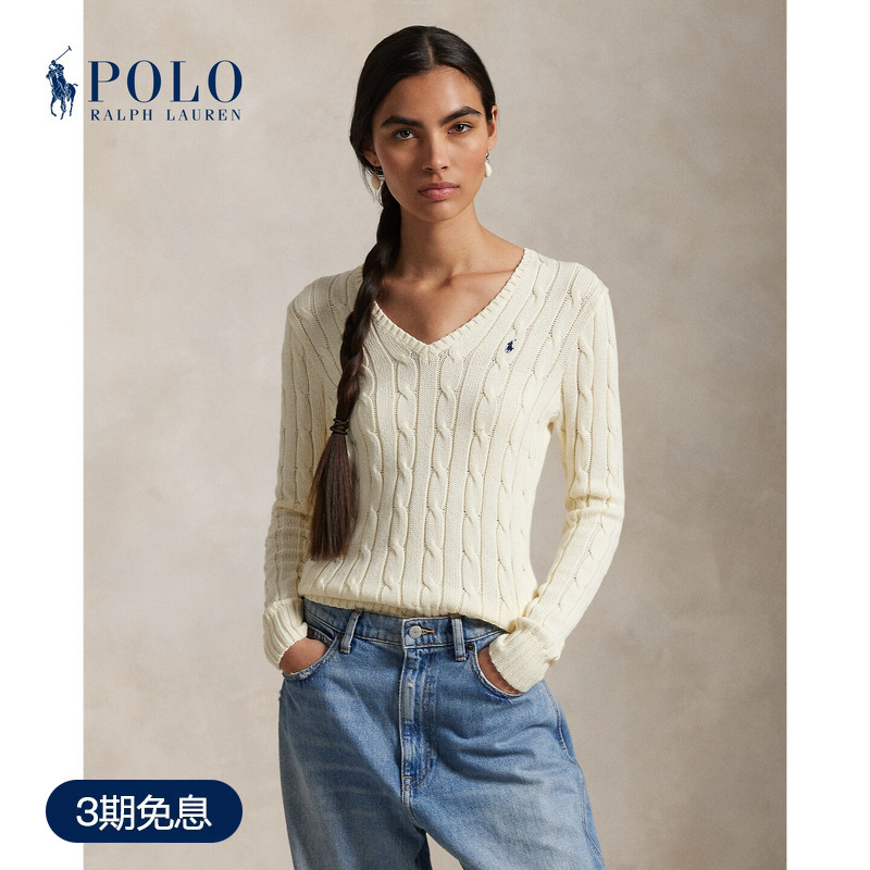 Ralph Lauren/Ralph Lauren Women's Classic Cable Knit Cotton V-Neck Sweater Rl26839 Ralph Lauren/Ralph Lauren Women's Classic Cable Knit Cotton V-Neck Sweater Rl26839