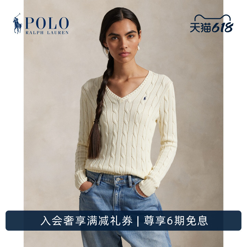 Ralph Lauren/Ralph Lauren Women's Classic Cable Knit Cotton V-Neck Sweater Rl26839 Ralph Lauren/Ralph Lauren Women's Classic Cable Knit Cotton V-Neck Sweater Rl26839