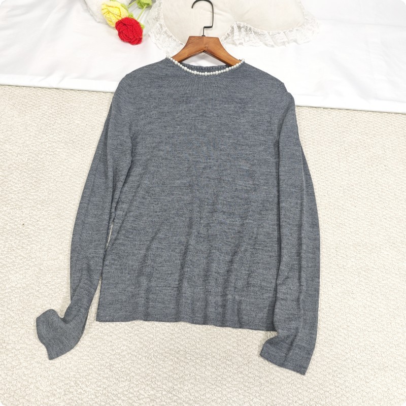 French-Style Chanel-Inspired Faux Fur Pearl Crew Neck Knit Sweater for Women, Long-Sleeve Slim Fit Versatile Base Sweater, High-End Knitwear