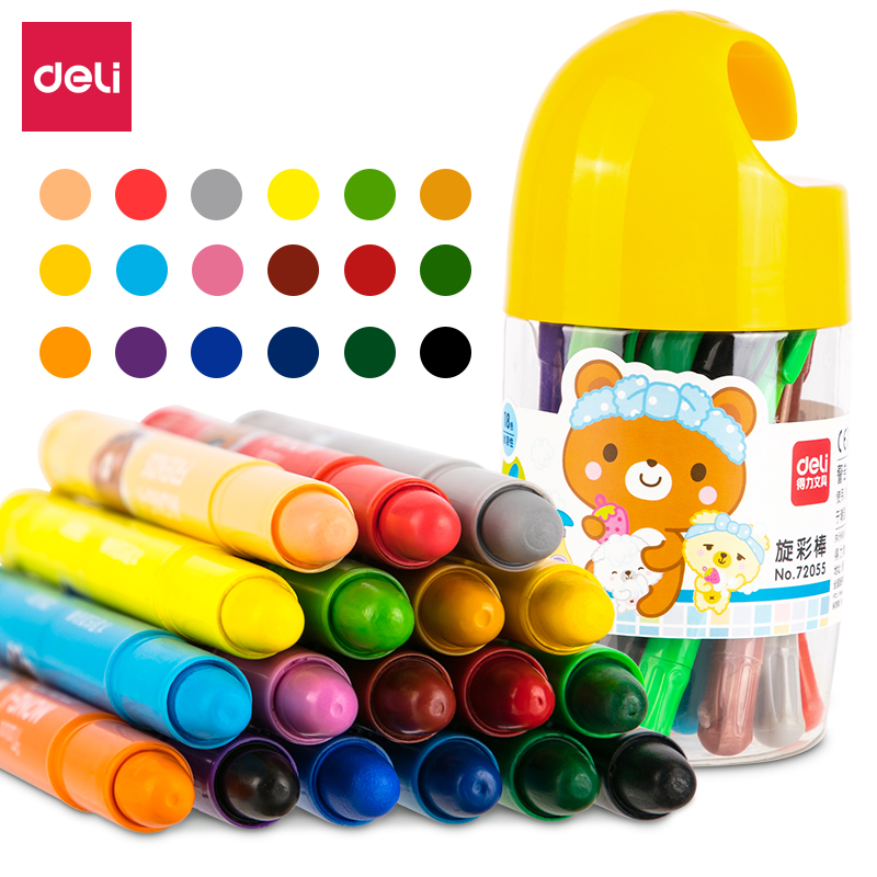 Deli 72055 water-soluble rotating oil painting stick 18 color silky spinning stick children's crayon