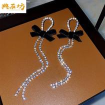 s925 silver needle law style small fragrant wind earrings black suede butterfly knot ear nail temperament inlaid with flowing suear emblared long