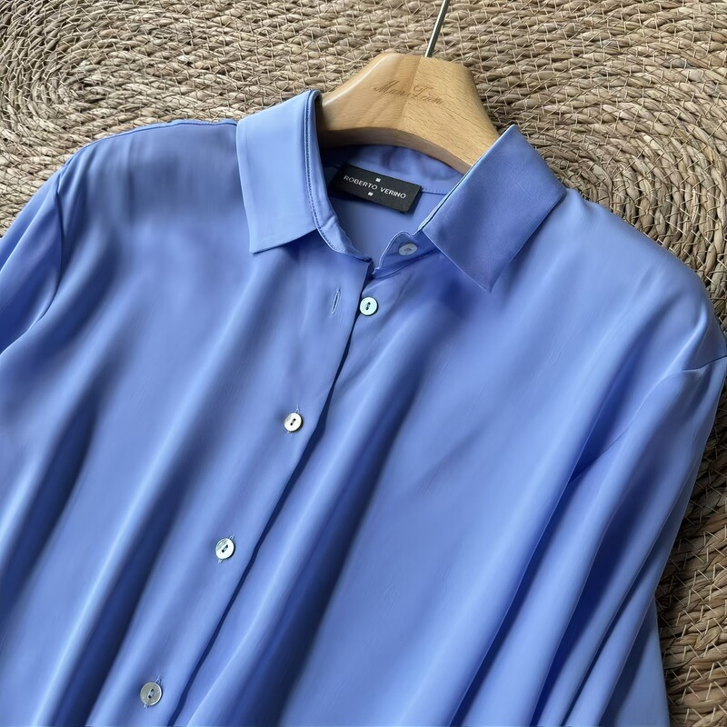 Foreign Trade Women's Clothing, Casual High-End Style, Haze Blue, Satin Silky Drapey Long-Sleeve Shirt
