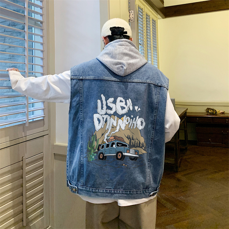 Denim Jacket Sleeveless Trendy Brand Men's Vest with Hood Waistcoat Top Jacket Cool High Street Vest