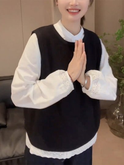 Lace Patchwork White Shirt for Women, Spring and Autumn 2025 New Fashion Casual Solid Color Chiffon Shirt, Loose Stand Collar Top