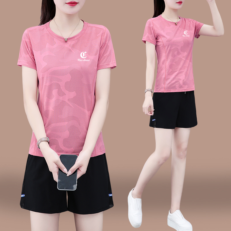 Quick-Drying Ice Silk Short-Sleeved Shorts Sports Suit for Women, Summer 2026 New Style Women's Fashionable Running Suit Two-Piece Set