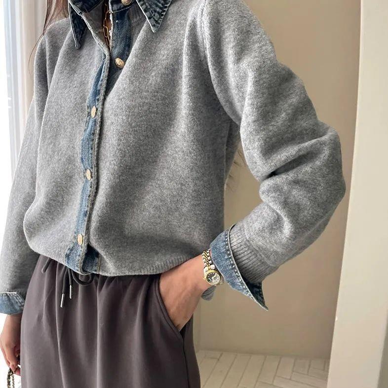 Women's Autumn Knit Cardigan, Korean Chic Style, High-End Feel, Lazy Fashion, Denim Patchwork, Slim-Fit Open-Front Top