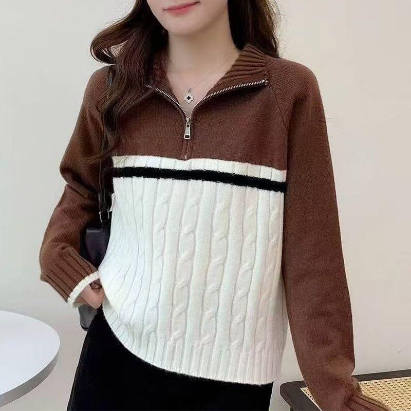 Contrast Color Twist Pattern High-Neck Zip-Up Knit Sweater for Women, Autumn and Winter Fashion, Loose and Stylish New Striped Pullover Top