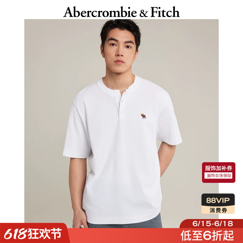 Af Little Moose Pattern American Style White Multicolor Henley Pure Cotton Heavyweight T-Shirt 26 Summer Men's Wear 124-6806