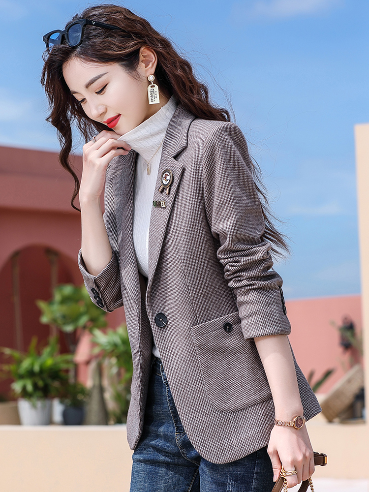 Houndstooth suit jacket women's new spring and autumn fashion high-level casual small man short long-sleeved suit jacket