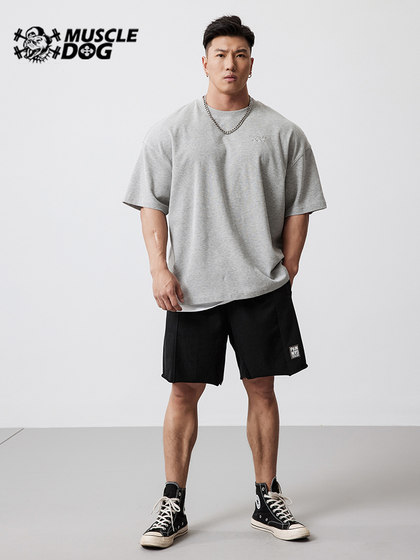肌肉狗 潮牌华夫格套装运动休闲短袖T恤男宽松训练服健身上衣男士