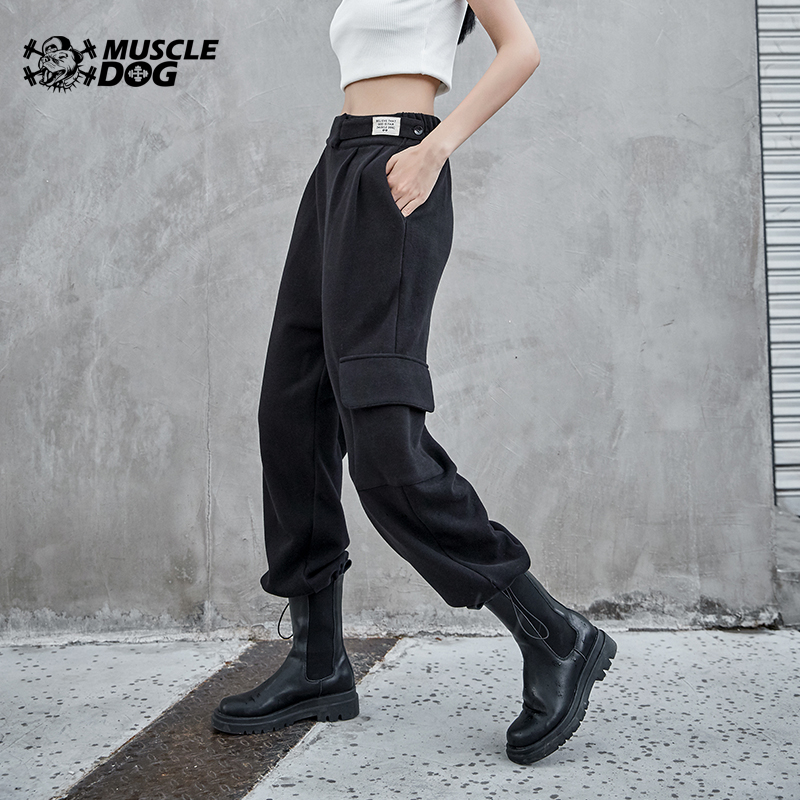 Muscle dog 2020 autumn and winter new national tide personality beam foot frock high waist thickened warm sports leisure trousers women