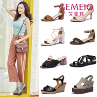 Gemeiqi mùa hè phiên bản mới của Hàn Quốc của sandal cao gót dày gót nhọn nêm gót dày đế thấp giày đế thấp và dép đi biển - Sandal