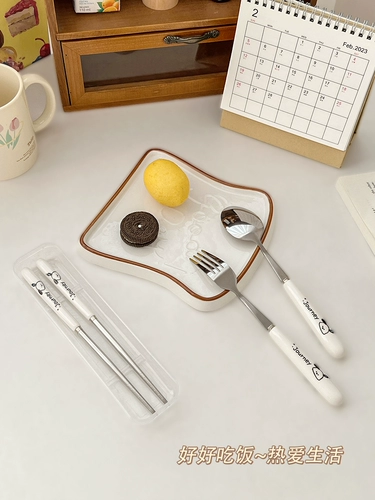 Милые палочки для еды, ложка, комплект, вилка для школьников, посуда из нержавеющей стали, портативная детская коробка для хранения, 3 предмета