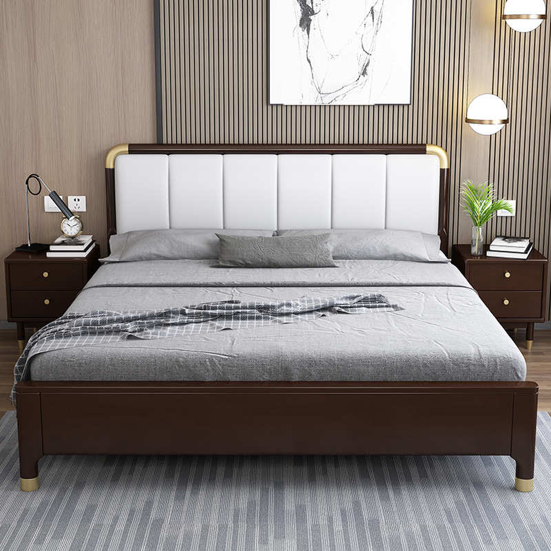 New Chinese Light Lavish Solid Wood Bed 1 35 m Black Walnuts Color Double 1 8x1 9 Main Sleeper Single 1 2 Soft Bag Nordic