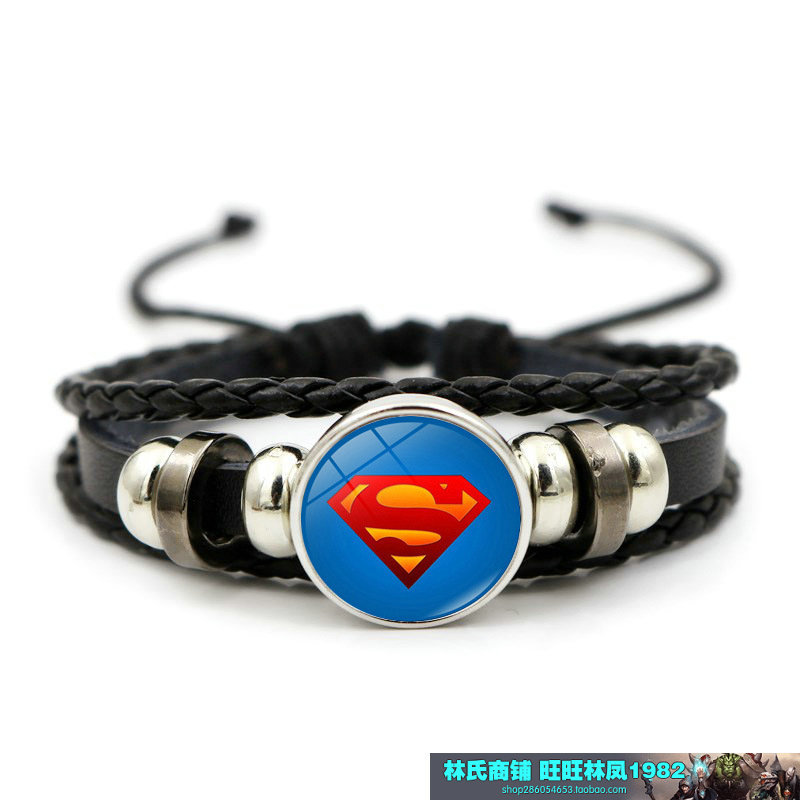 American Superhero Flash Batman Wonder Woman Logo Time Gemstone Leather Bracelet Jewelry