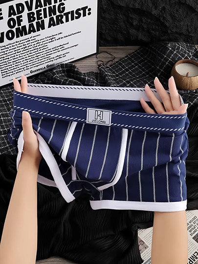 Trendy Pure Cotton Men's Underwear, Stylish Striped Breathable Mid-Waist Boxer Briefs for Young Men