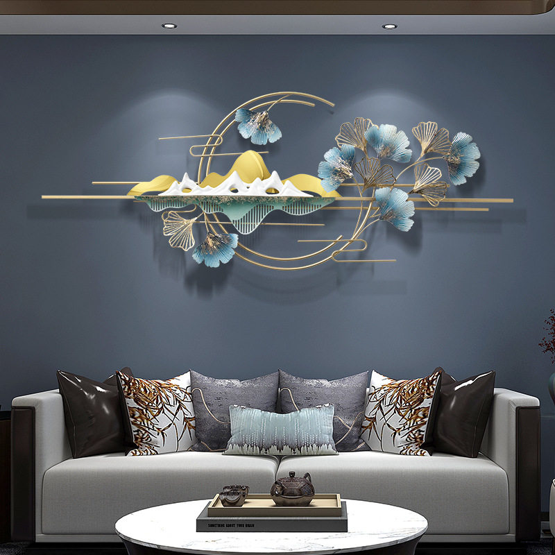 New Chinese style wrought iron wall hanging light luxury living room TV background wall decoration wall wall decoration ginkgo leaf landscape pendant