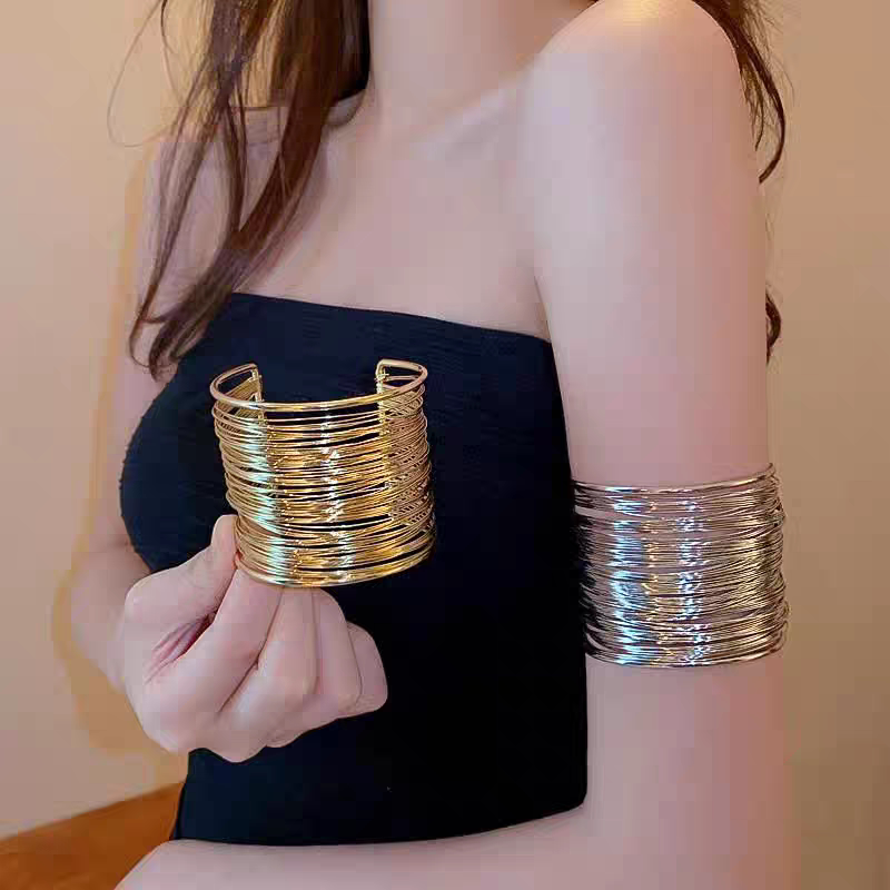 Silver Multi-Layered Arm Ring for Women, Metal Wide Arm Bracelet, Punk Arm Bracelet, Adjustable Open Bracelet