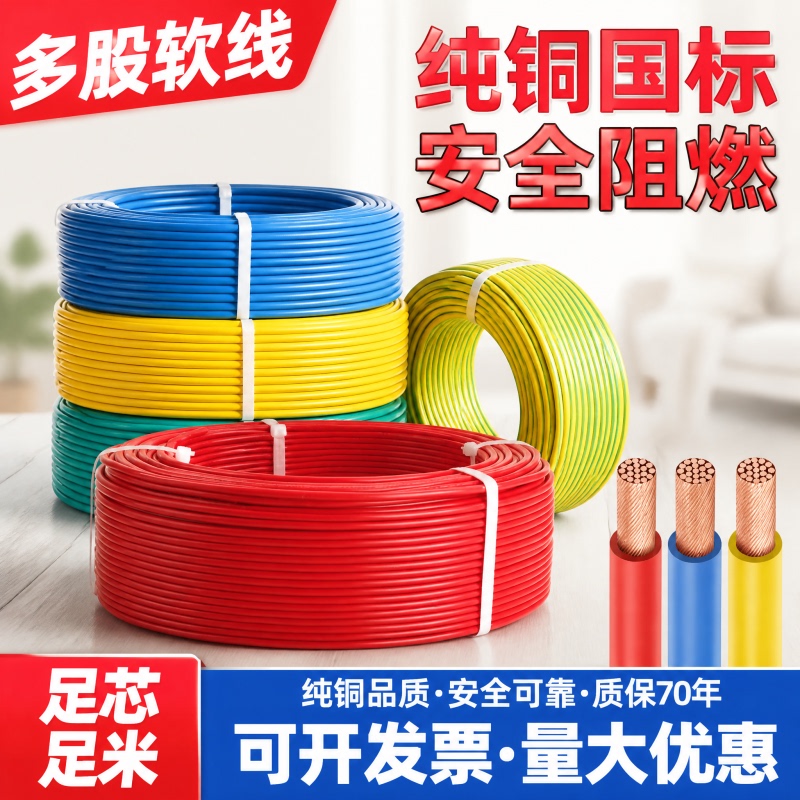 National Standard Multi-Core Wire 1.5/2.5/4/6 Square Pure Copper Bvr Household Wire Copper Core Multi-Strand Flexible Wire Home Decoration Wire National Standard Multi-Core Wire 1.5/2.5/4/6 Square Pure Copper Bvr Household Wire Copper Core Multi-Strand Flexible Wire Home Decoration Wire