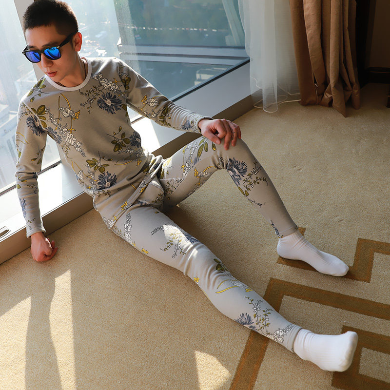 Fever clothes men's suit plus velvet thickened long-sleeved printing slim winter sexy youth bottoming autumn clothes sanitary pants tide