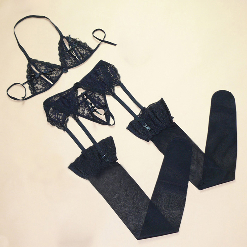 Special Offer High-Quality Sexy Garter Belt Four-Piece Set Women's Lingerie Sexy Lace-Up Bra + Garter Belt + Thong + Stockings