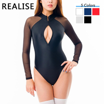 New Japanese realize high fork one-piece swimsuit women tight long sleeve open chest competition swimsuit sexy transparent transparent