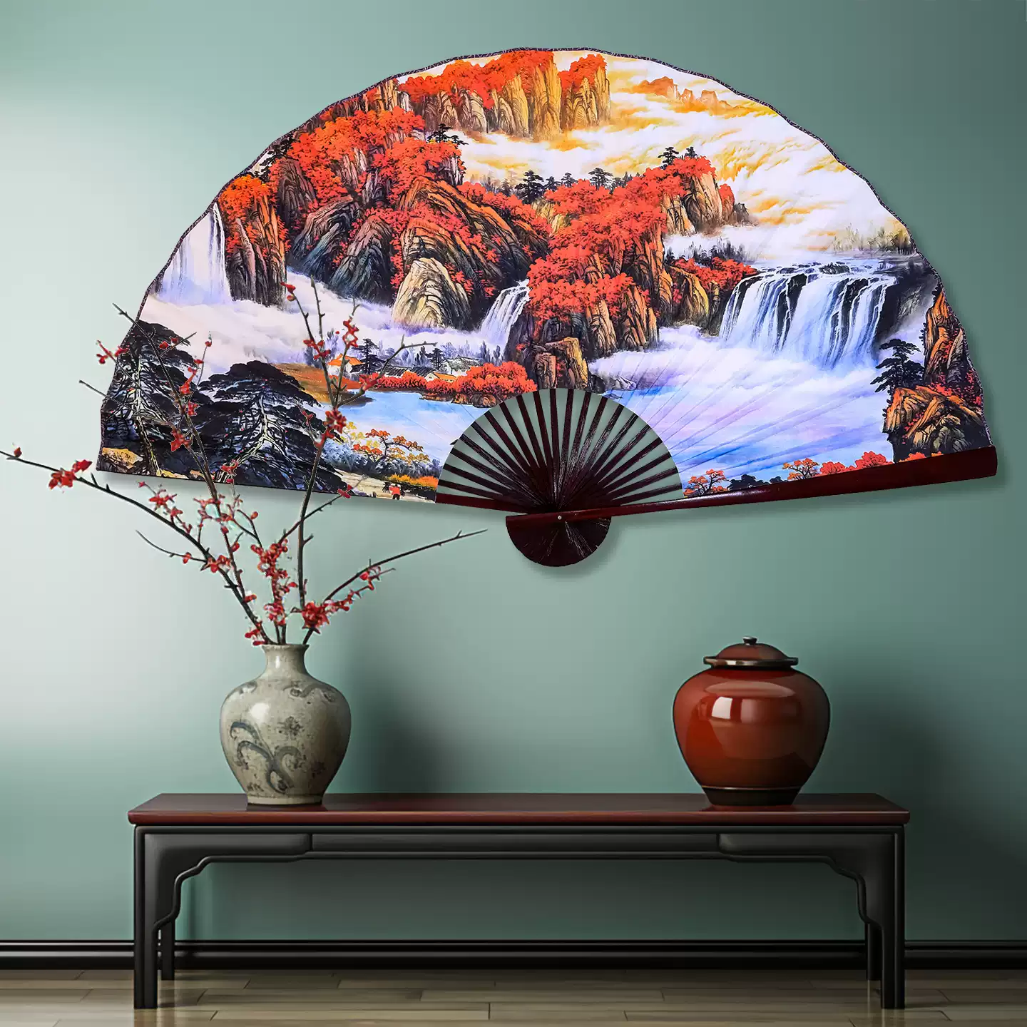超大掛扇客廳書房背景牆掛扇子中國風裝飾扇清明上河圖仿古摺扇