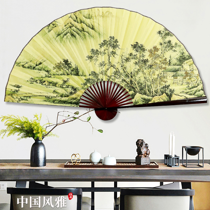 Super large fan Fengshui hang fan decorated with ancient mountain painting wall decoration fan small bridge pipeline water New Chinese living room study