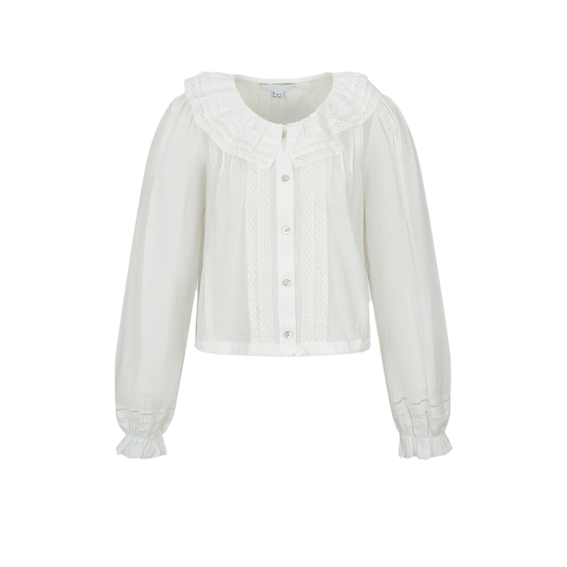 Ur&Dc2026 Spring New Style Pastel Style Puff Sleeve Lace Ruffle Long-Sleeved Shirt Women's Cotton Short Top