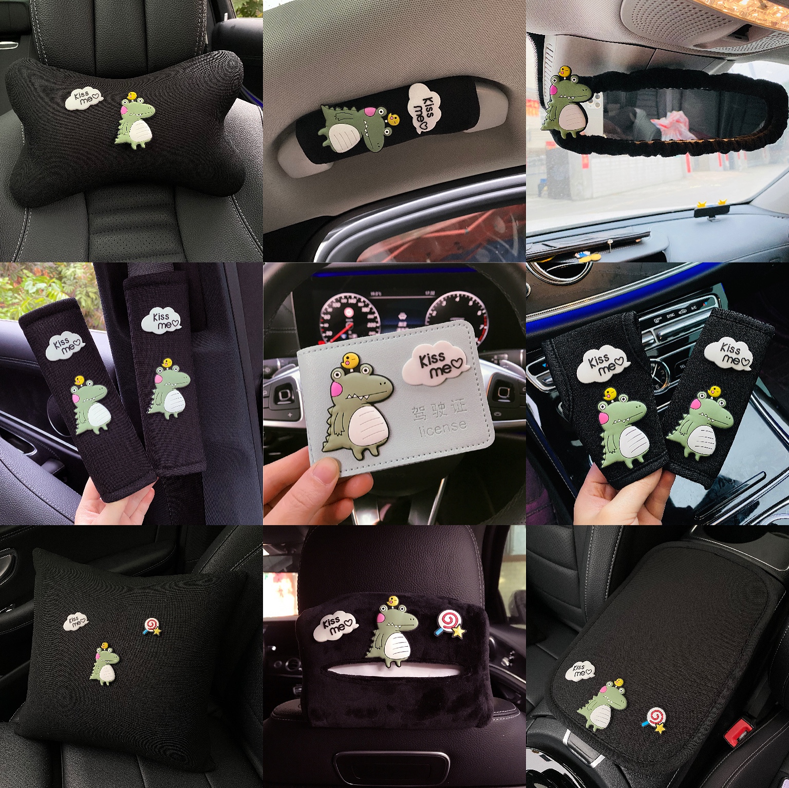 Summer cute little dinosaur car seat belt guard shoulder sleeve hand brake sleeve gear shift handle sleeve car with head pillow waist close to cover