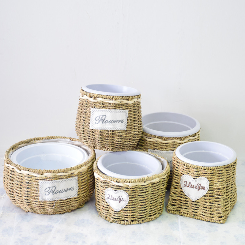 Garden grass woven flower pot Rattan woven bamboo woven flower basket Flower vase fleshy green plant flower arrangement ornament decorative wall hanging hand woven